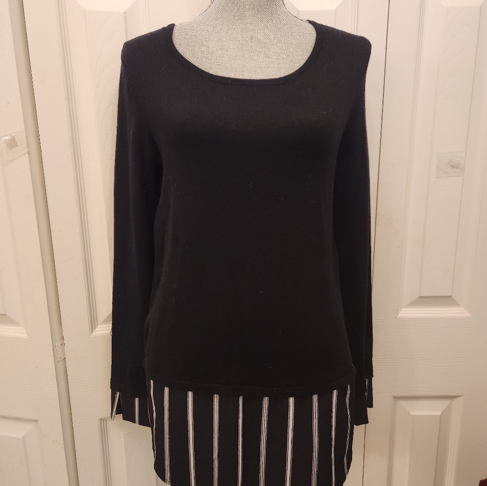 Olivia Sky Black Long Sleeve Top with Striped Hem  And Sleeves Sz SM